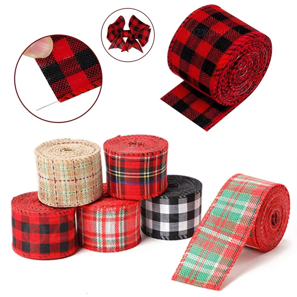 Holiday Plaid Ribbon, Red Green Snowflake Pattern, 6.5 Yards