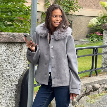Warm Wool Hooded Ladies Coat with Removable Fur Trim