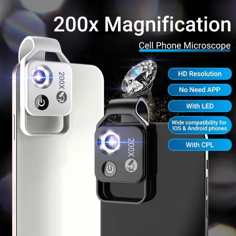 High Power 200X Phone Microscope Lens with Clip