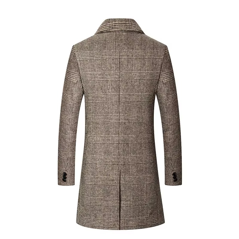 Warm Plaid Woolen Overcoat for Men, Slim Fit Waterproof Jacket
