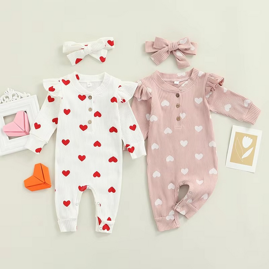 Adorable Infant Girls Heart Print Jumpsuit Set - Hehif