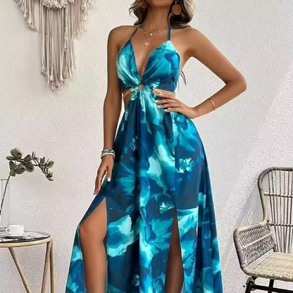 Beautiful Flower Backless Maxi Dress with Side Split