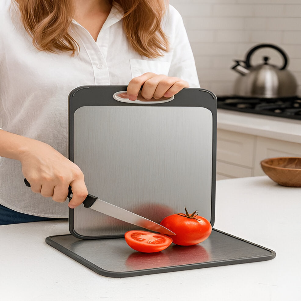 Durable Wooden Handle Stainless Steel Cutting Board