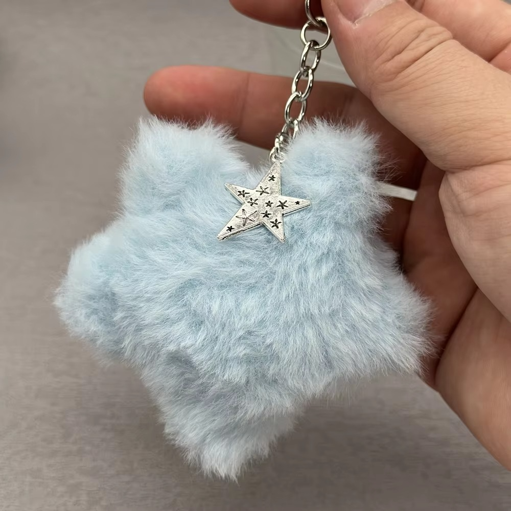 Soft Teddy Star Keychain with Fuzzy Pom Pom Ball