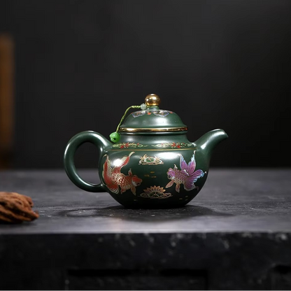 Traditional Chinese Purple Clay Teapot with Gold Fish Design
