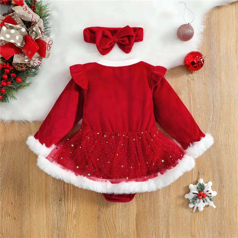 Cute Girls Holiday Dress Set, Soft Long Sleeve Romper with Ruffle Skirt - Hehif