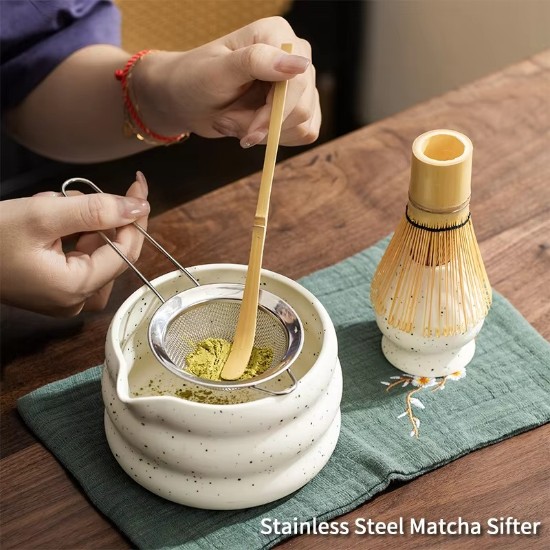Authentic Green Tea Set with Ceramic Cup and Bamboo Spoon