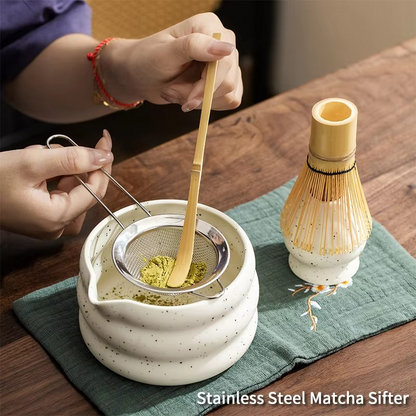 Authentic Green Tea Set with Ceramic Cup and Bamboo Spoon