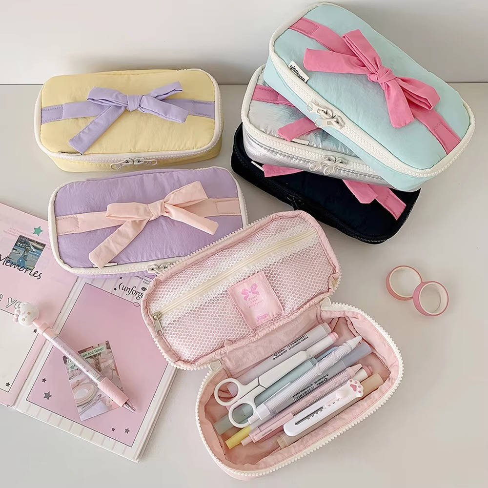 Simple Korean Cotton Pencil Bag with Ribbon Detail