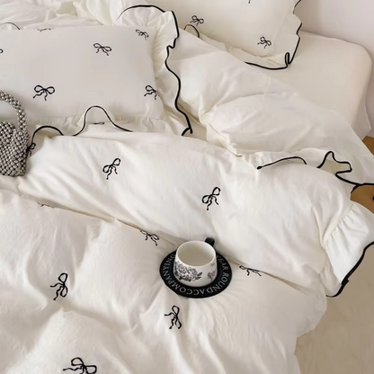 Beautiful Ruffled 3PC Bedding Set with Bow Embroidery