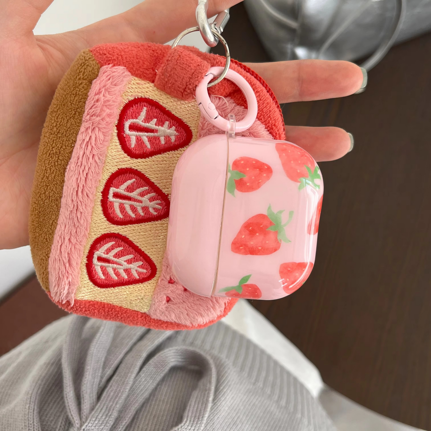 Colorful Strawberry Earbud Case with Soft Pink Cover