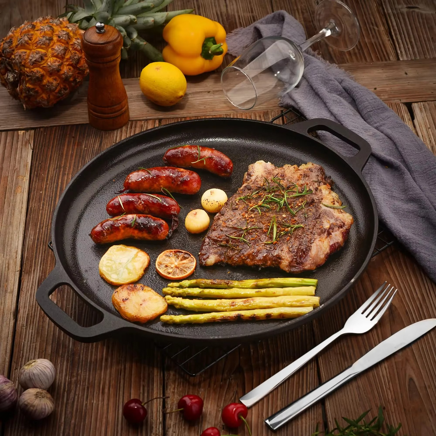 Non-Stick Cast Iron Frying Pan for Cooking Pizza and BBQ