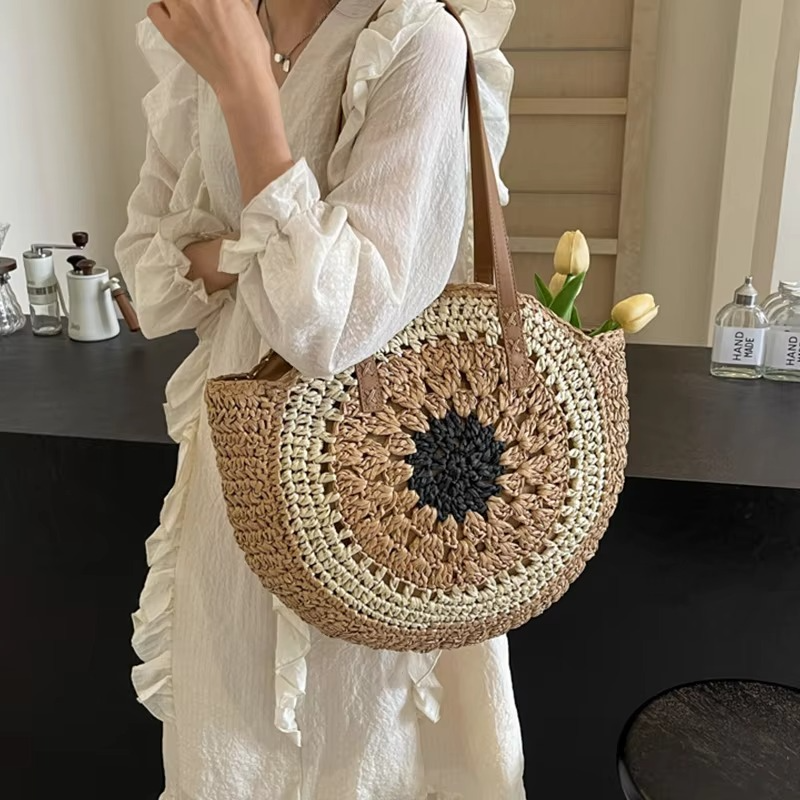 Big Spacious Natural Fiber Circle Handbag for Ladies