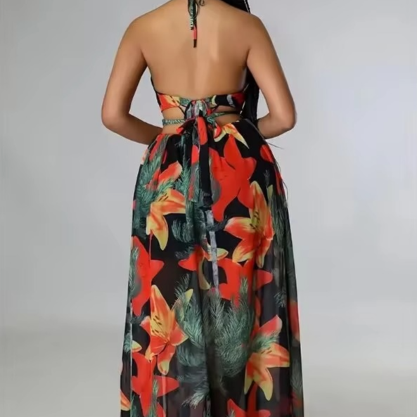 Beautiful Flower Backless Maxi Dress with Side Split