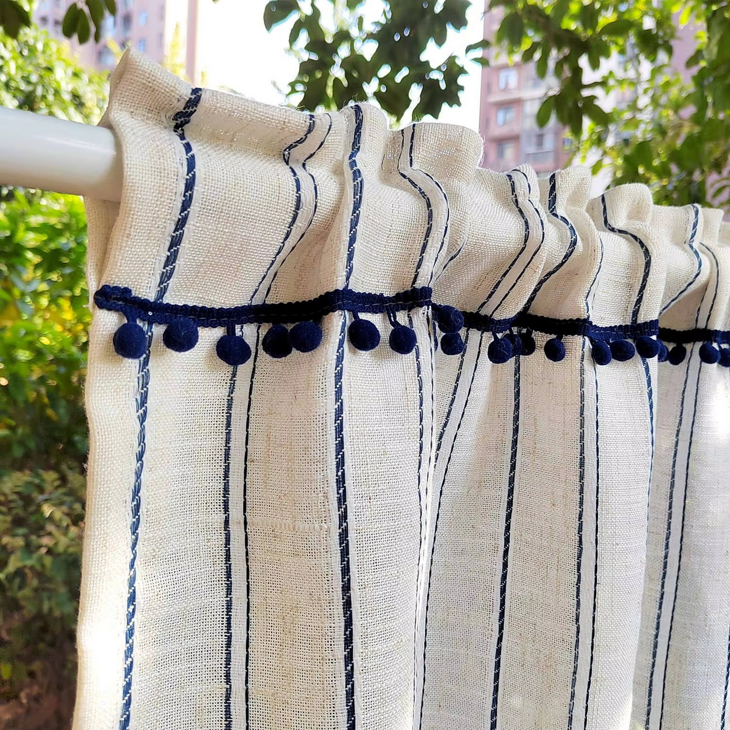 White Decorative Cafe Style Short Curtain with Blue Trim