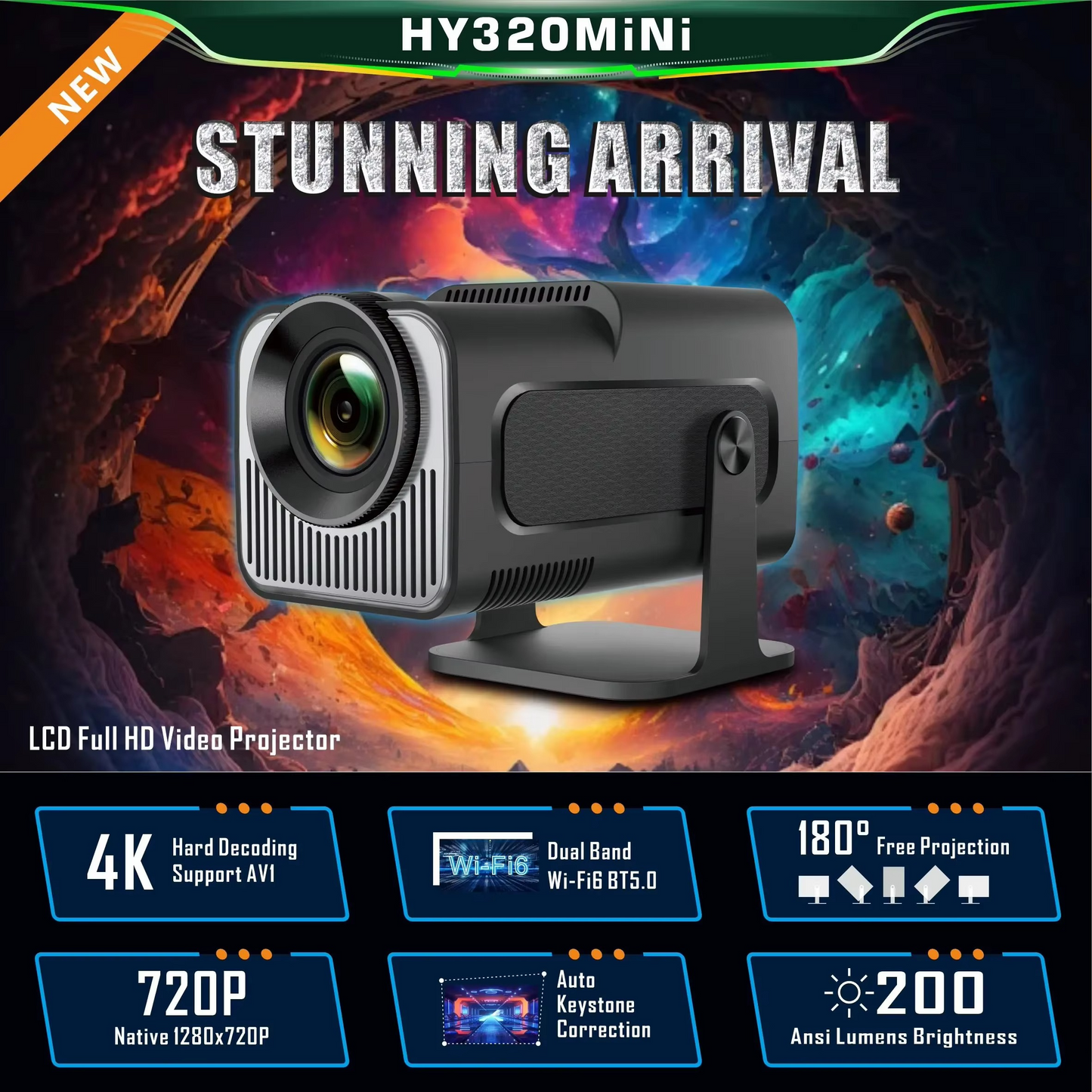 Portable 4K Wireless Home Theater Projector with WiFi Bluetooth