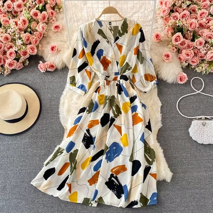 Elegant Flower V Neck Chiffon Midi Dress