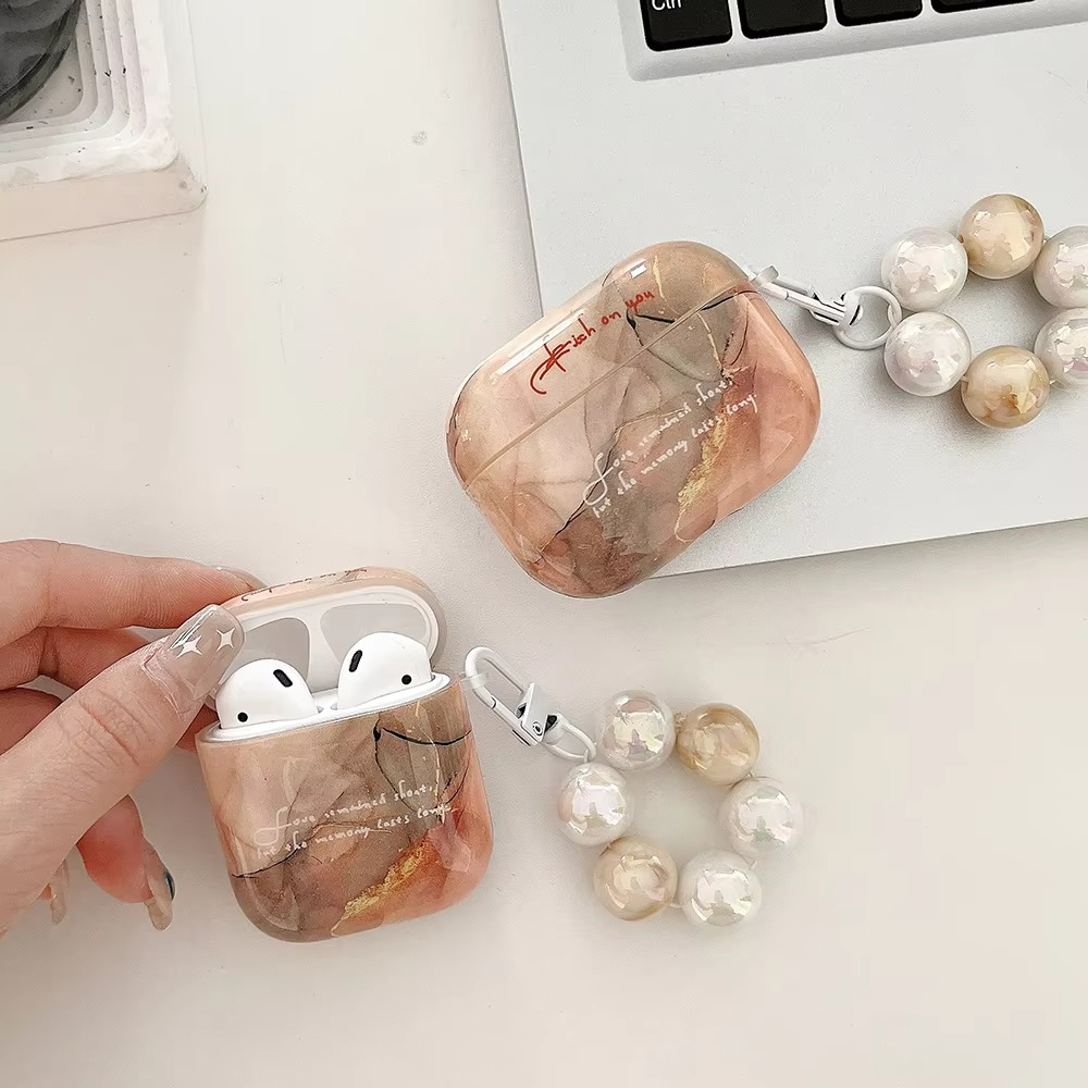 Luxury Marble AirPods Case with Metal Clip and Pearl Detail