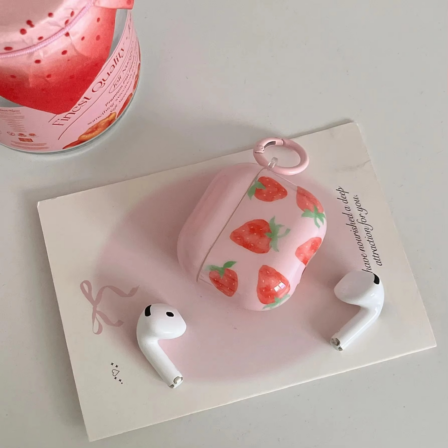 Colorful Strawberry Earbud Case with Soft Pink Cover