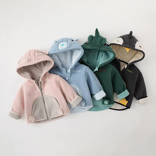 Warm Kids Fleece Hoodie with Fun Dino Print - Hehif
