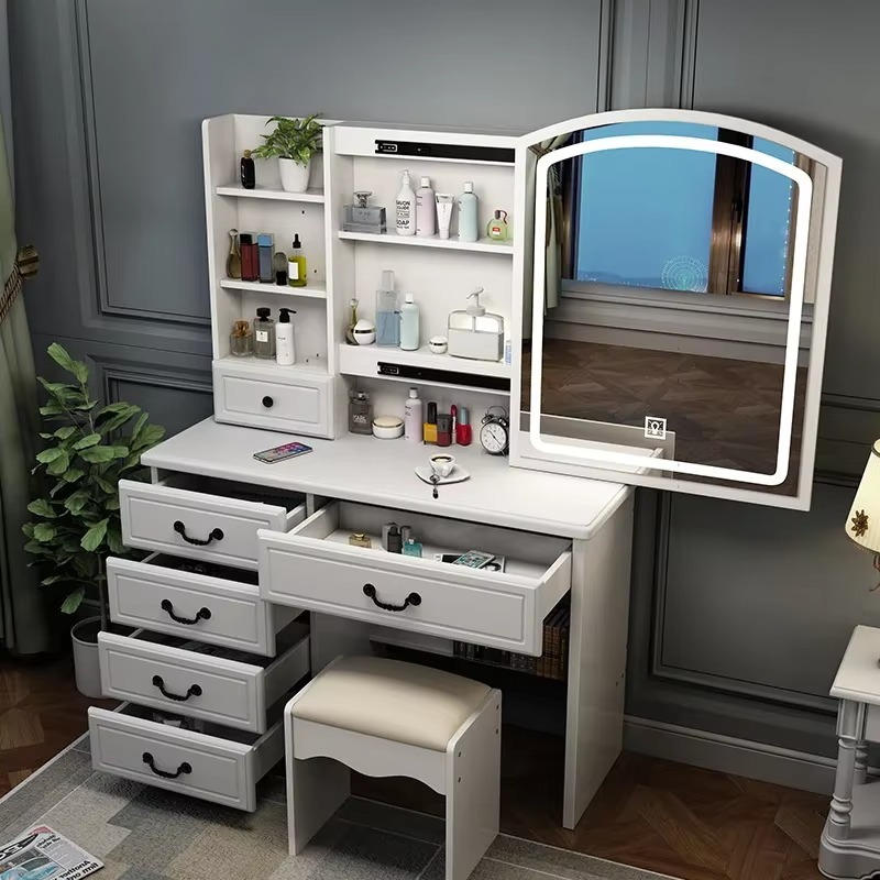 Stylish Oak Vanity Table with Mirror and Drawers