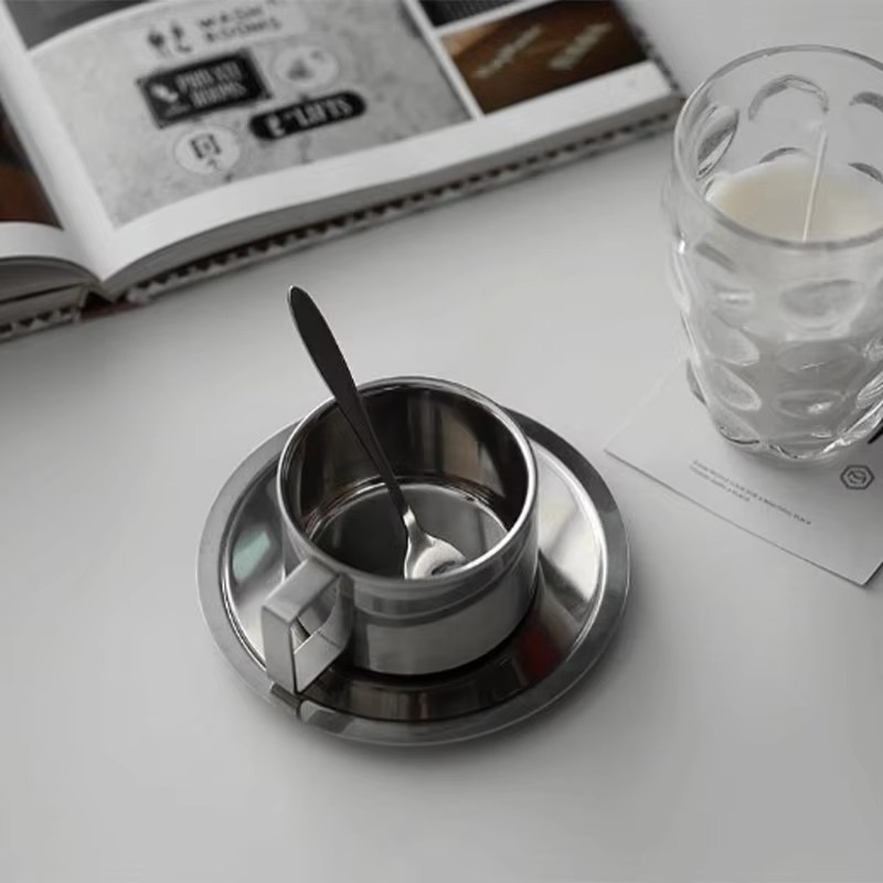 Insulated Metal Coffee Mug Set with Saucer and Utensil