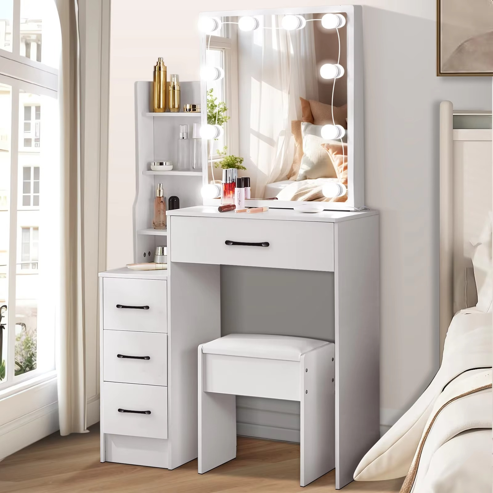 Luxury Wooden Dressing Table with Mirror and LED Lights - Hehif