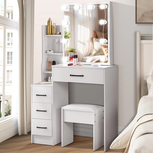 Luxury Wooden Dressing Table with Mirror and LED Lights - Hehif