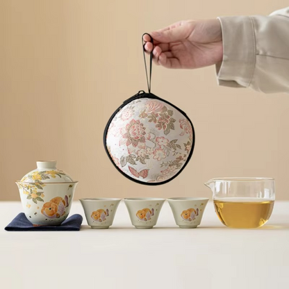 Compact Porcelain Travel Tea Infuser Set with Fish Pattern
