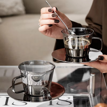 Classic Gray Glass Coffee Mug and Saucer Set