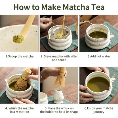 Authentic Green Tea Set with Ceramic Cup and Bamboo Spoon