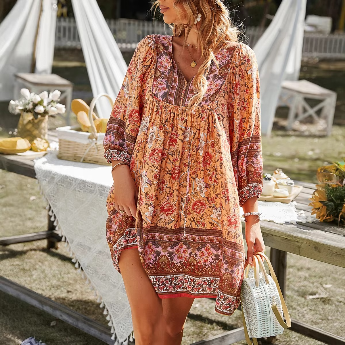 Colorful Floral V-Neck Summer Dress