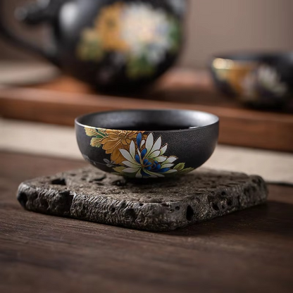Unique Black Decorative Silver Rim Tea Cup