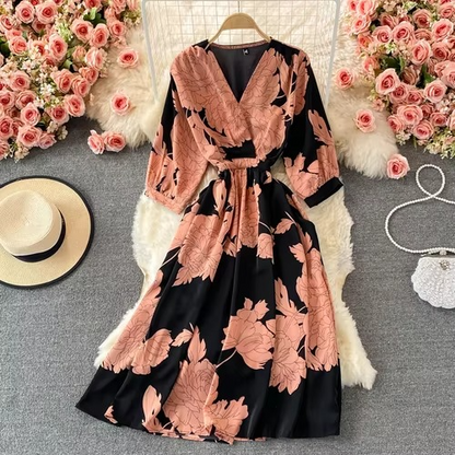 Elegant Flower V Neck Chiffon Midi Dress