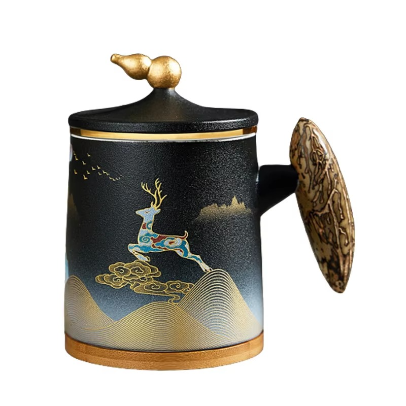 Big Ceramic Coffee Mug with Lid and Insulated Handle - Hehif