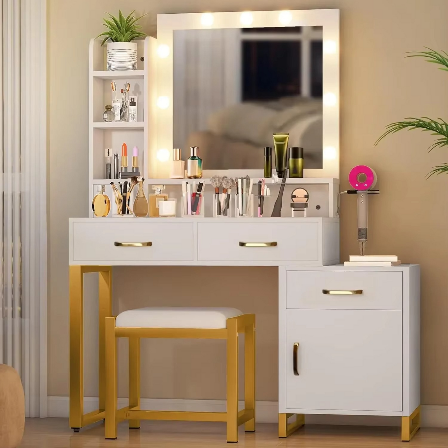 Luxury Makeup Desk with LED Lights and Storage