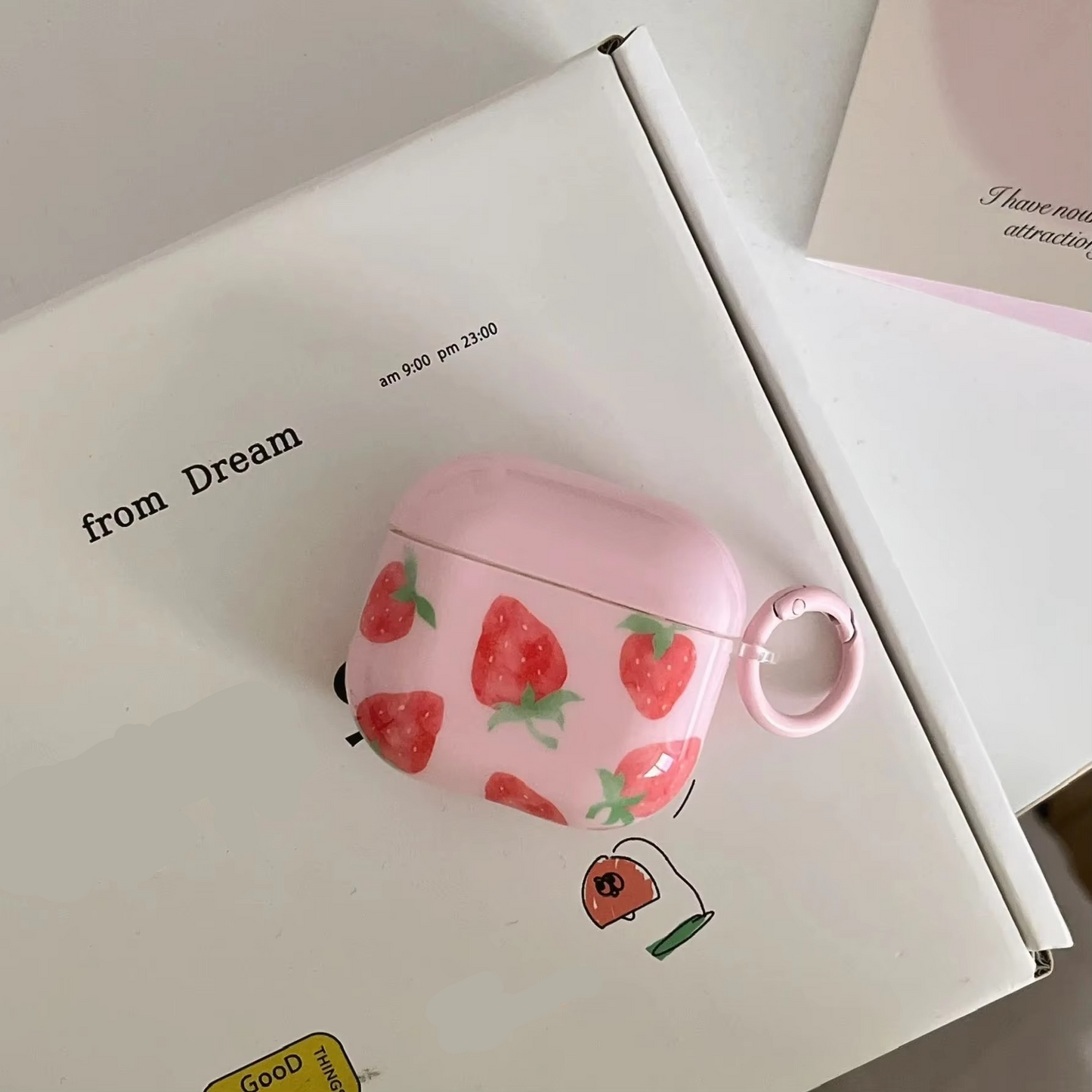 Colorful Strawberry Earbud Case with Soft Pink Cover