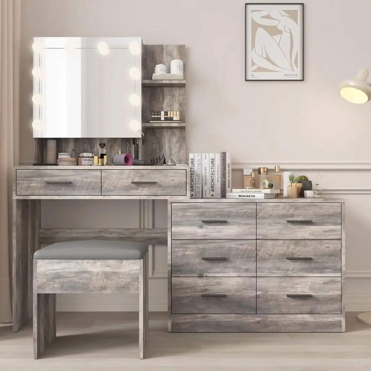 Modern LED Lighted Vanity Table Set with Mirror - Hehif