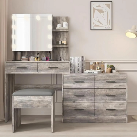 Modern LED Lighted Vanity Table Set with Mirror - Hehif