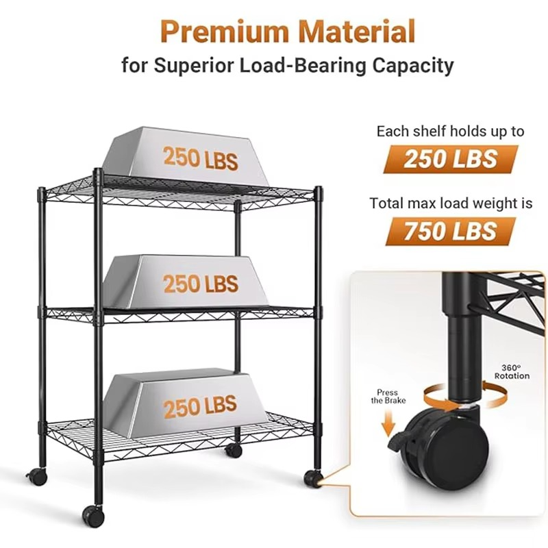 Sturdy 3-Tier Metal Shelving Unit with Locking Casters