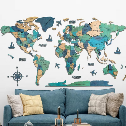 Large Wooden Globe Map Wall Decoration - Modern Home Accent