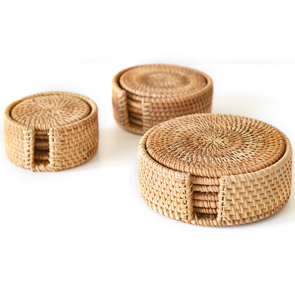 Rustic Bamboo Coaster Set with Storage, 6 Piece Protective Table Set