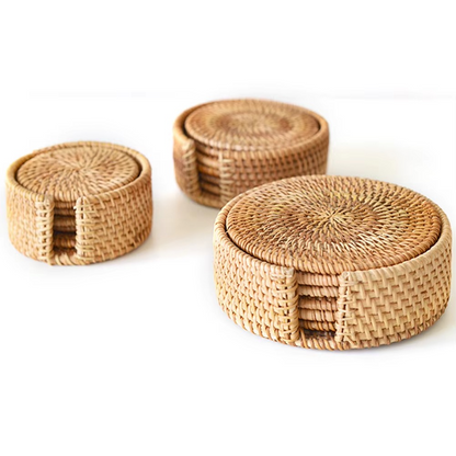 Rustic Bamboo Coaster Set with Storage, 6 Piece Protective Table Set