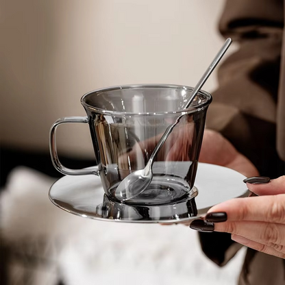 Classic Gray Glass Coffee Mug and Saucer Set