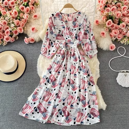 Elegant Flower V Neck Chiffon Midi Dress