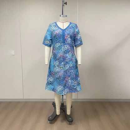 Trendy Animal Print Long Dress - V Neck & Capsule Sleeve