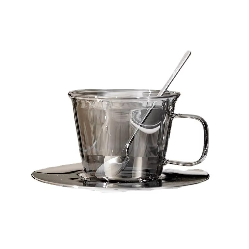 Classic Gray Glass Coffee Mug and Saucer Set - Hehif