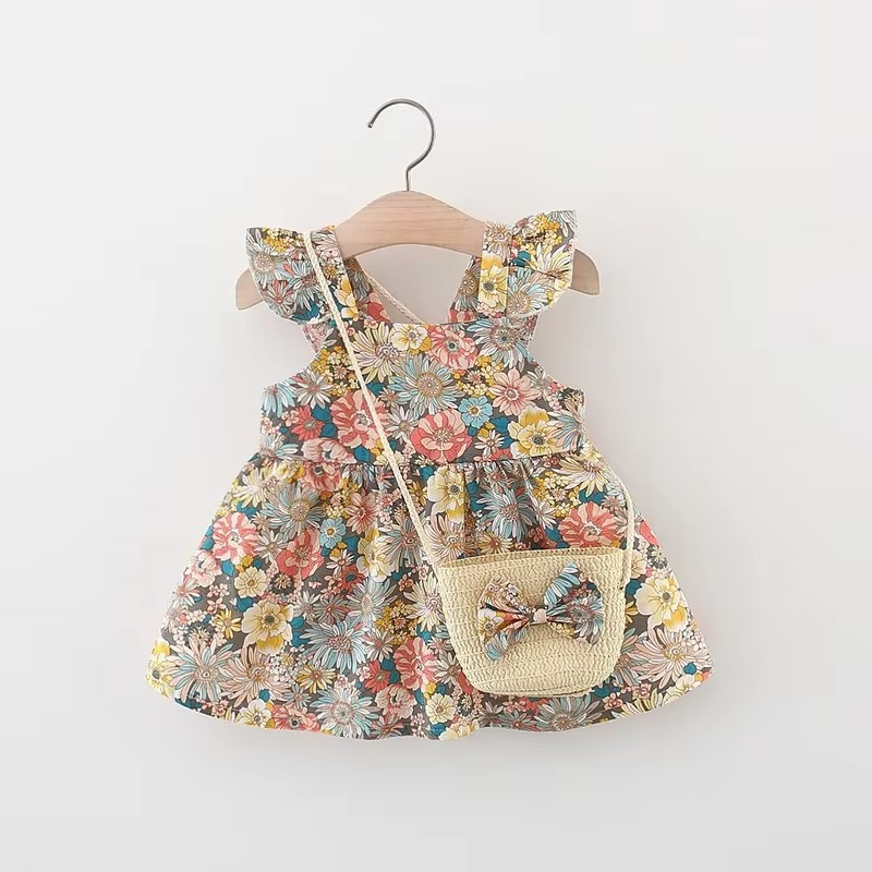 Cute Girl's Floral Ruffle Sundress with Free Purse