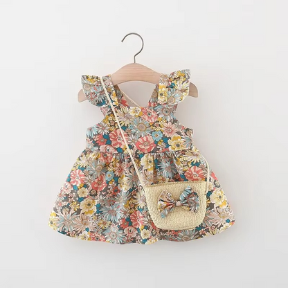 Cute Girl's Floral Ruffle Sundress with Free Purse