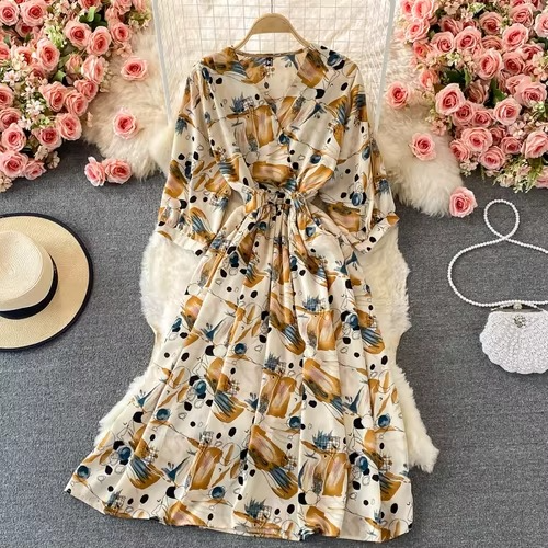 Elegant Flower V Neck Chiffon Midi Dress